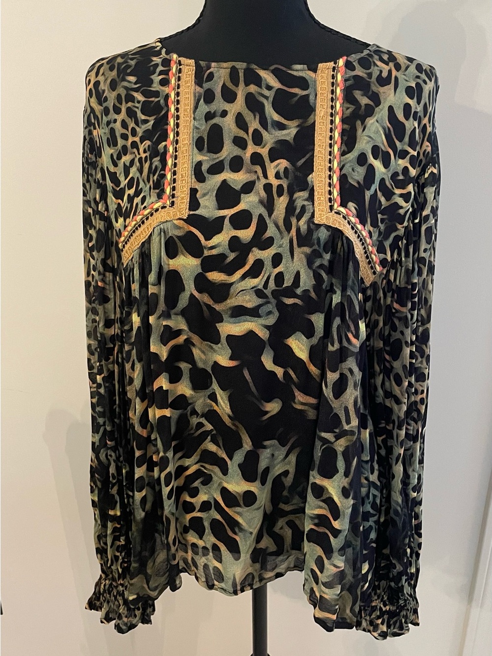 Anthropologie Blink London Joelle Leopard Print Boho Peasant Blouse M